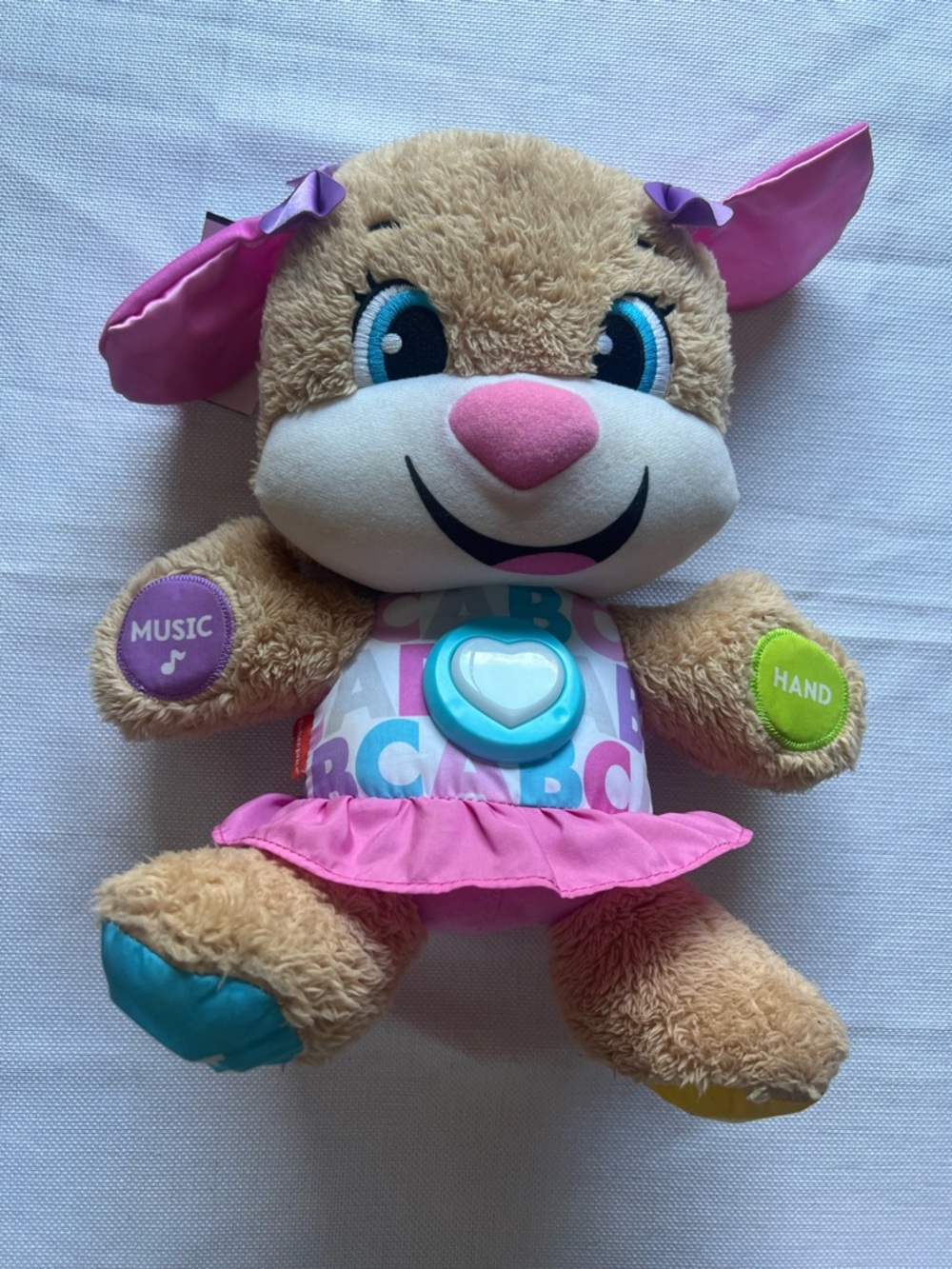 Fisher Price Plush Learning Puppy Toy with Pink Dress and Interactive Buttons